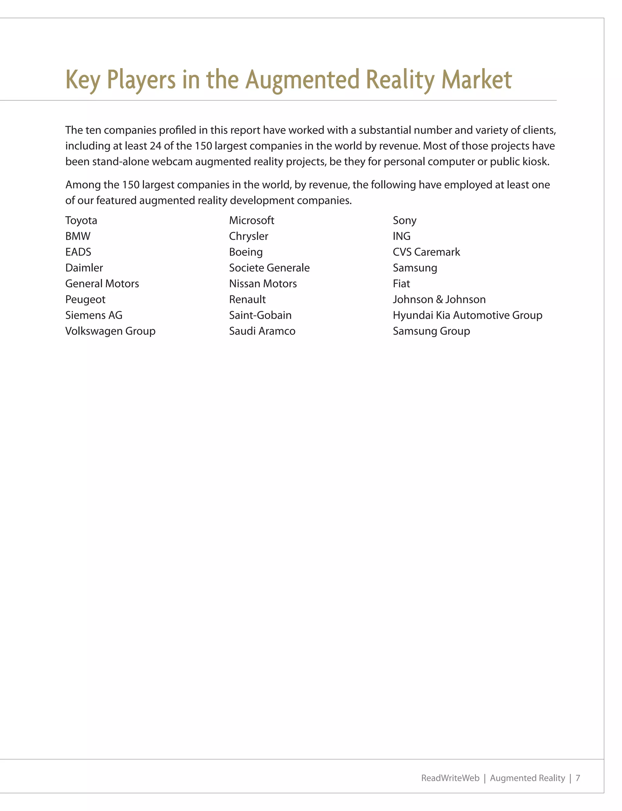 Key Players in the Augmented Reality Market
The ten companies profiled in this report have worked with a substantial number and variety of clients,
including at least 24 of the 150 largest companies in the world by revenue. Most of those projects have
been stand-alone webcam augmented reality projects, be they for personal computer or public kiosk.

Among the 150 largest companies in the world, by revenue, the following have employed at least one
of our featured augmented reality development companies.
Toyota                            Microsoft                         Sony
BMW                               Chrysler                          ING
EADS                              Boeing                            CVS Caremark
Daimler                           Societe Generale                  Samsung
General Motors                    Nissan Motors                     Fiat
Peugeot                           Renault                           Johnson & Johnson
Siemens AG                        Saint-Gobain                      Hyundai Kia Automotive Group
Volkswagen Group                  Saudi Aramco                      Samsung Group




                                                                          ReadWriteWeb | Augmented Reality | 7
 