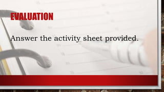 EVALUATION
Answer the activity sheet provided.
 