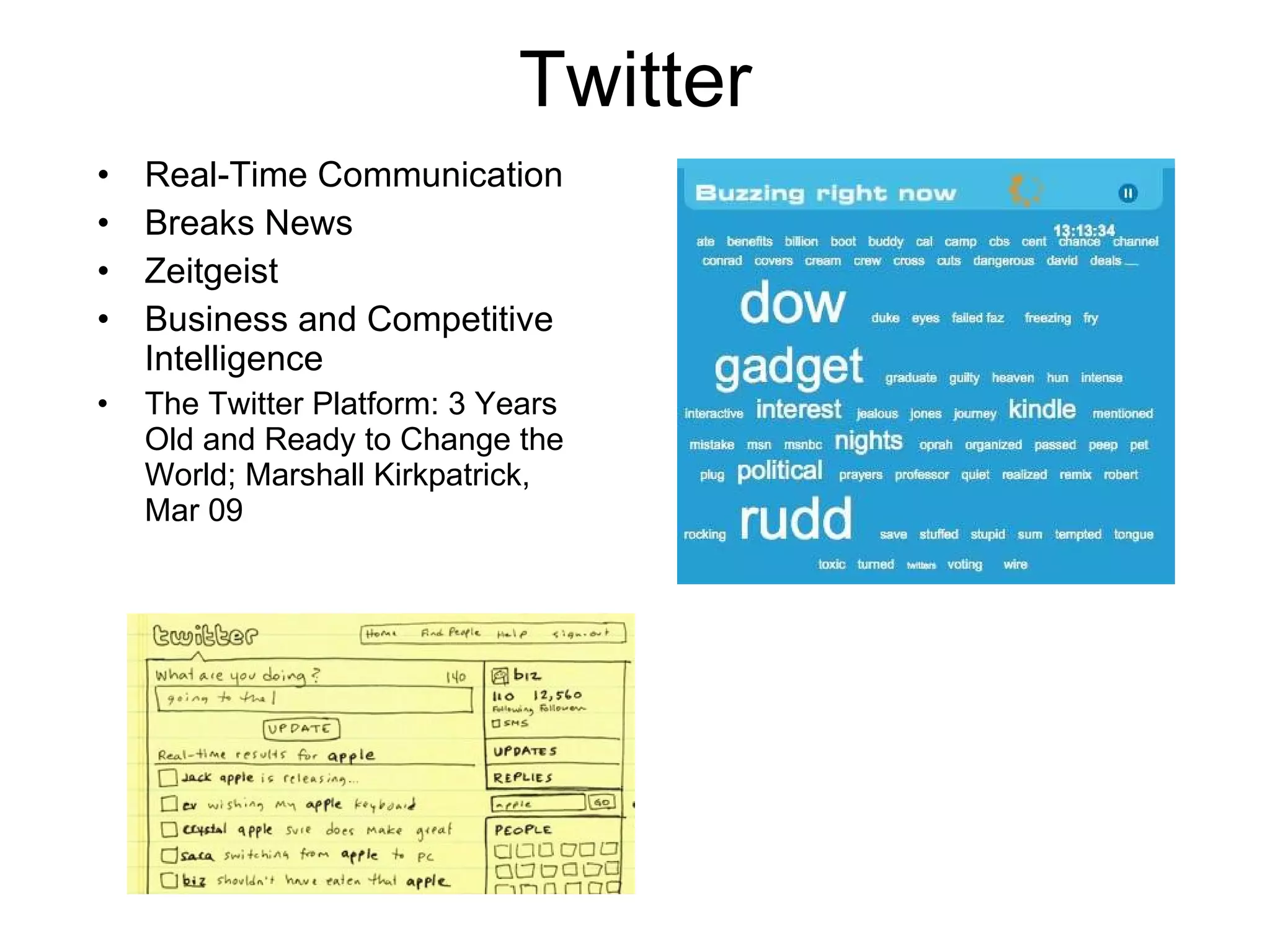 Twitter Real-Time Communication Breaks News Zeitgeist Business and Competitive Intelligence The Twitter Platform; Marshall Kirkpatrick, Mar 09 