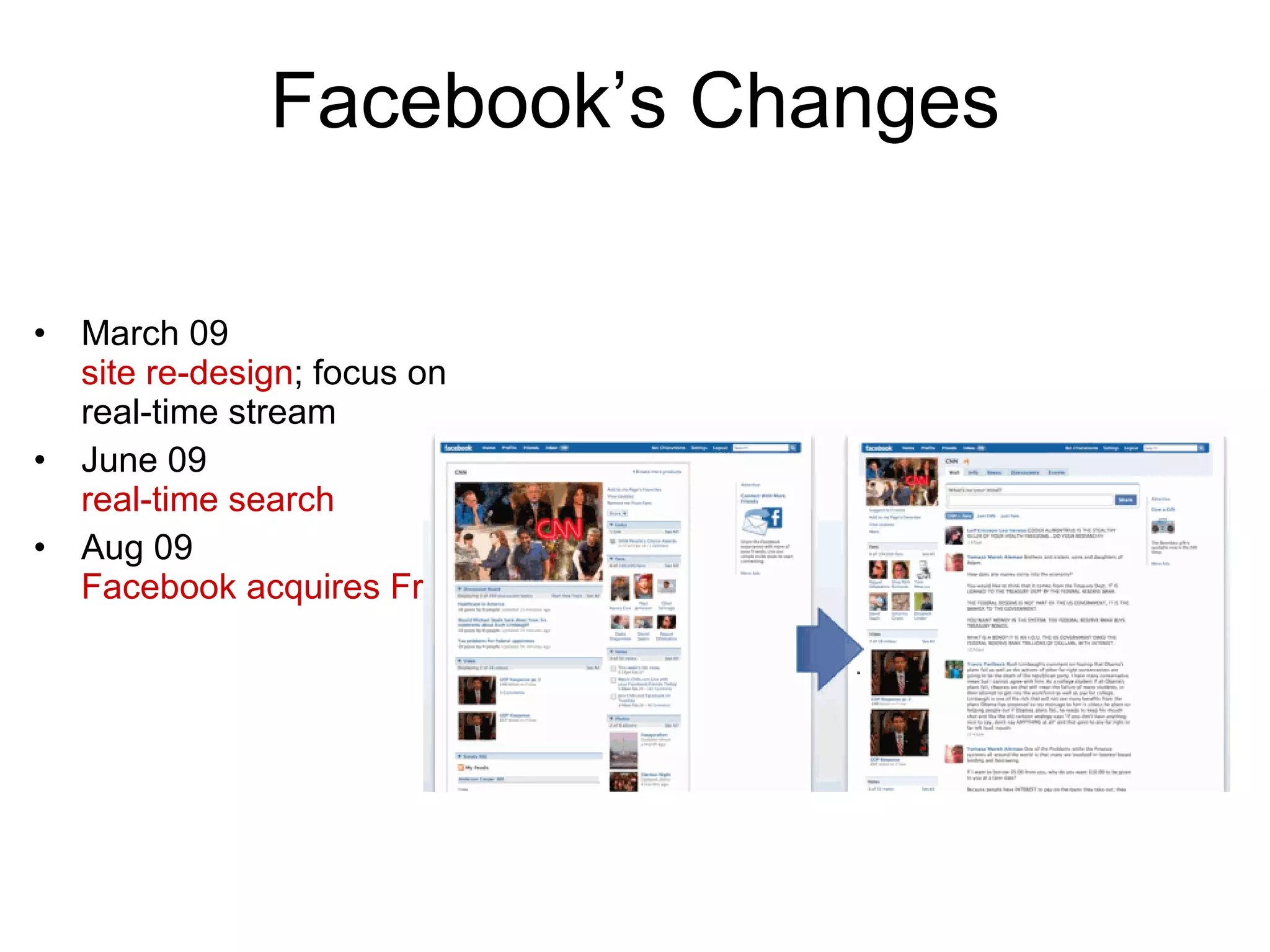 Facebook’s Changes March 09  site re-design ; focus on  real-time stream June 09  real-time search Aug 09  Facebook  acquires FriendFeed 