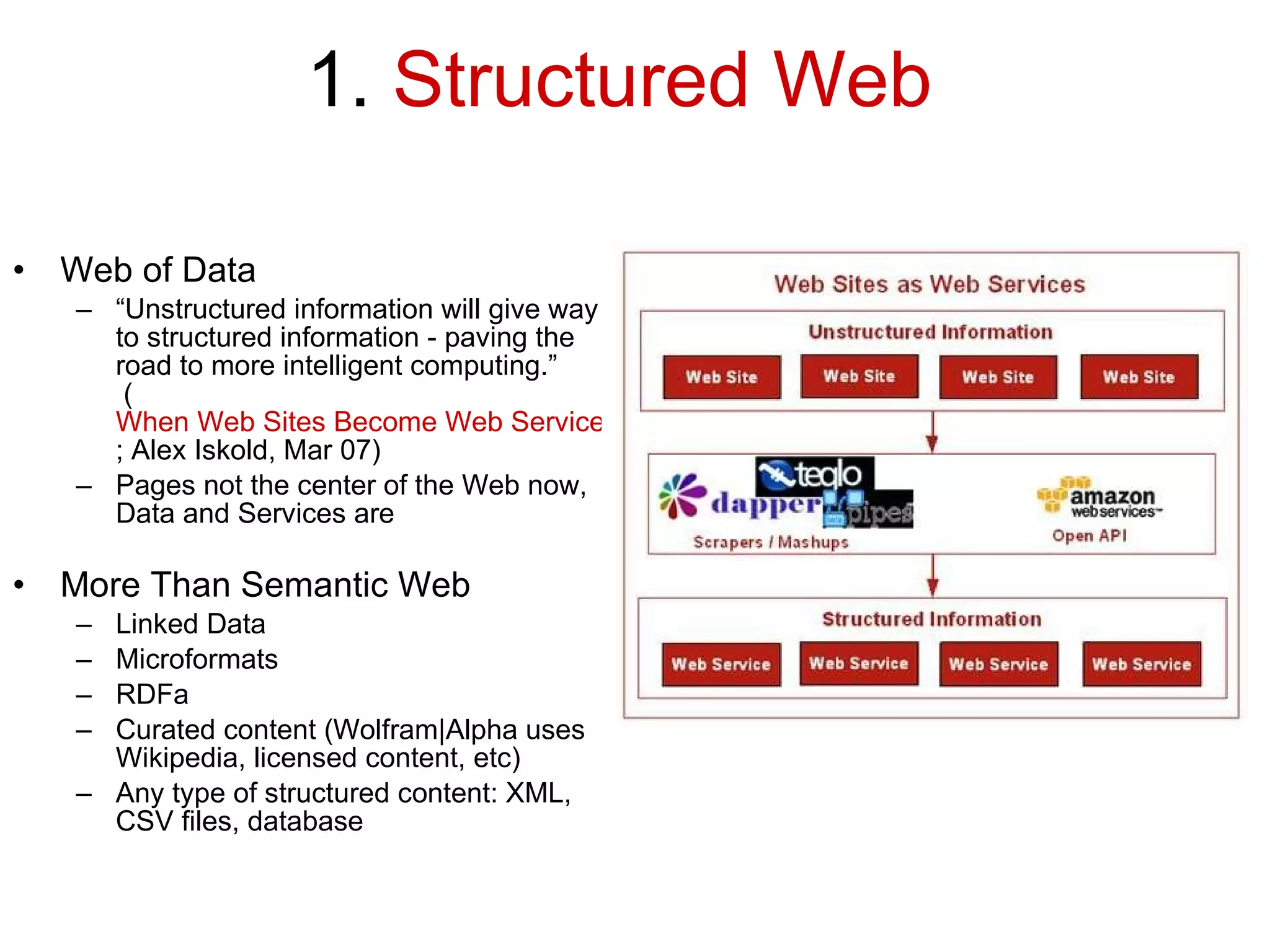 1.  Structured Web Web of Data “ Unstructured information will give way to structured information - paving the road to more intelligent computing.”  ( When Sites Become Services ; Alex Iskold, Mar 07) Pages not the center of the Web now, Data and Services are More Than Semantic Web Linked Data Microformats RDFa Curated content (Wolfram|Alpha uses Wikipedia, licensed content, etc) Any type of structured content: XML, CSV files, database 