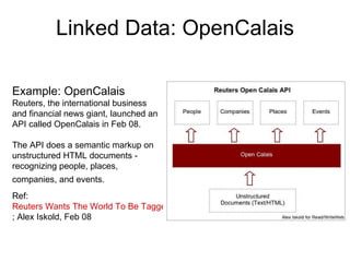 Linked Data: OpenCalais Example: OpenCalais Reuters, the international business and financial news giant, launched an API called OpenCalais in Feb 08. The API does a semantic markup on unstructured HTML documents - recognizing people, places, companies, and events.   OpenCalais review ; Alex Iskold, Feb 08 