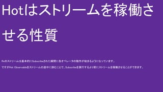 Hotはストリームを稼働さ
せる性質
Rxのストリームは基本的にSubscribeされた瞬間に各オペレータの動作が始まるようになっています。
ですがHot Observableをストリームの途中に挟むことで、Subscribeを実行するより前にストリームを稼働させることができます。
 