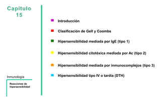 Inmunología
Reacciones de
hipersensibilidad
Introducción
Clasificación de Gell y Coombs
Hipersensibilidad mediada por IgE (tipo 1)
Hipersensibilidad citotóxica mediada por Ac (tipo 2)
Hipersensibilidad mediada por inmunocomplejos (tipo 3)
Hipersensibilidad tipo IV o tardía (DTH)
 