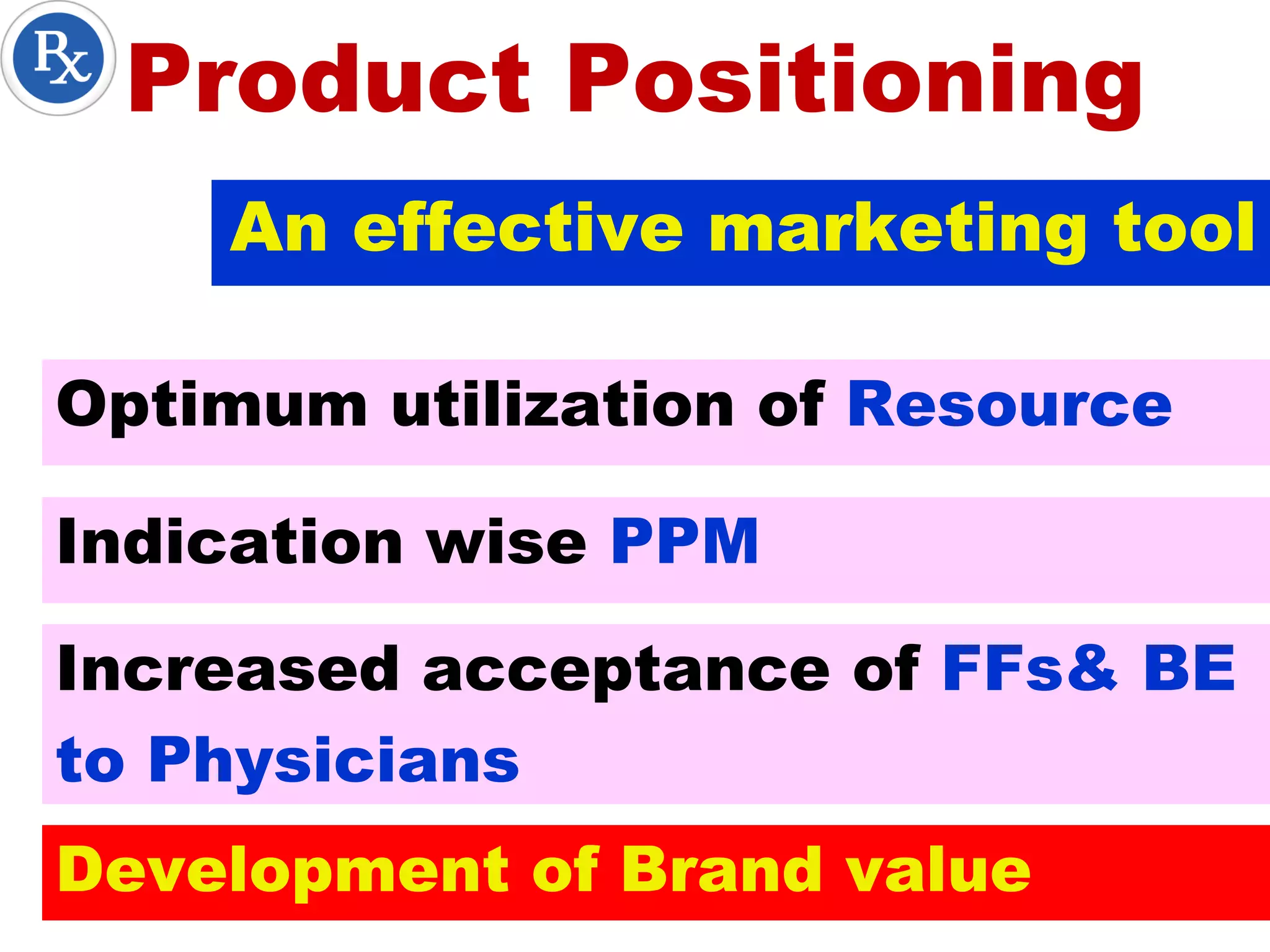 Product Positioning
An effective marketing tool
Optimum utilization of Resource
Indication wise PPM
Increased acceptance of FFs& BE
to Physicians
Development of Brand value
 