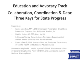 Education and Advocacy Track
Collaboration, Coordination & Data:
Three Keys for State Progress
Presenters:
• Laurie Lovedale, MPH, CPS II, Manager, Prescription Drug Abuse
Prevention Program, Peer Assistance Services, Inc.
• Dwight Holton, JD, CEO, Lines for Life
• E. Douglas Varney, Commissioner, Tennessee Department of
Mental Health and Substance Abuse Services
• Karen Edwards, PhD, Research Director, Tennessee Department
of Mental Health and Substance Abuse Services
Moderator: Regina M. LaBelle, JD, Chief of Staff, White House Office
of National Drug Control Policy (ONDCP), and Member, Rx Summit
National Advisory Board
 