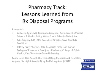 Pharmacy Track:
Lessons Learned from
Rx Disposal Programs
Presenters:
• Kathleen Egan, MS, Research Associate, Department of Social
Science & Health Policy, Wake Forest School of Medicine
• Eric Gregory, EdD, CPS, Executive Director, Save Our Kids
Coalition
• Jeffrey Gray, PharmD, RPh, Associate Professor, Gatton
College of Pharmacy, & Adjunct Professor, College of Public
Health, East Tennessee State University
Moderator: Dan Smoot, Director of Drug Prevention & Education,
Appalachia High Intensity Drug Trafficking Area (HIDTA)
 