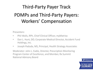 Third-Party Payer Track
PDMPs and Third-Party Payers:
Workers’ Compensation
Presenters:
• Phil Walls, RPh, Chief Clinical Officer, myMatrixx
• Dan L. Hunt, DO, Corporate Medical Director, Accident Fund
Holdings, Inc.
• Joseph Paduda, MS, Principal, Health Strategy Associates
Moderator: John L. Eadie, Director, Prescription Monitoring
Program Center of Excellence, and Member, Rx Summit
National Advisory Board
 