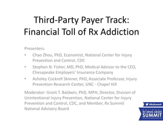 Third-Party Payer Track:
Financial Toll of Rx Addiction
Presenters:
• Chao Zhou, PhD, Economist, National Center for Injury
Prevention and Control, CDC
• Stephen N. Fisher, MD, PhD, Medical Advisor to the CEO,
Chesapeake Employers’ Insurance Company
• Asheley Cockrell Skinner, PhD, Associate Professor, Injury
Prevention Research Center, UNC - Chapel Hill
Moderator: Grant T. Baldwin, PhD, MPH, Director, Division of
Unintentional Injury Prevention, National Center for Injury
Prevention and Control, CDC, and Member, Rx Summit
National Advisory Board
 