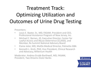 Treatment Track:
Optimizing Utilization and
Outcomes of Urine Drug Testing
Presenters:
• Louis E. Baxter, Sr., MD, FASAM, President and CEO,
Professional Assistance Program of New Jersey, Inc.
• Michael C. Barnes, JD, Executive Director, Center for
Lawful Access and Abuse Deterrence (CLAAD), and
Member, Rx Summit National Advisory Board
• Elaine Jeter, MD, MolDx Medical Director, Palmetto GBA
• Kenneth L. Kirsh, PhD, Vice President, Clinical Research
and Advocacy, Millenium Health
Moderator: Andrea Grubb Barthwell, MD, FASAM,
President, Two Dreams Outer Banks
 