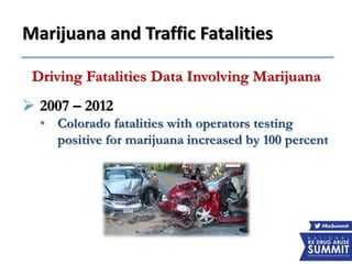 Marijuana and Traffic Fatalities
Driving Fatalities Data Involving Marijuana
 2007 – 2012
• Colorado fatalities with operators testing
positive for marijuana increased by 100 percent
 