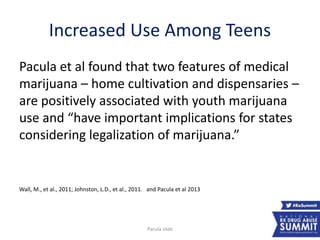 Increased Use Among Teens
Pacula et al found that two features of medical
marijuana – home cultivation and dispensaries –
are positively associated with youth marijuana
use and “have important implications for states
considering legalization of marijuana.”
Wall, M., et al., 2011; Johnston, L.D., et al., 2011. and Pacula et al 2013
Pacula slide 16
 