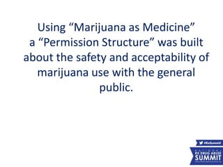 Using “Marijuana as Medicine”
a “Permission Structure” was built
about the safety and acceptability of
marijuana use with the general
public.
 