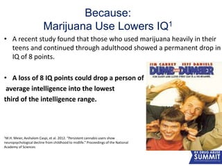 Because:
Marijuana Use Lowers IQ1
• A recent study found that those who used marijuana heavily in their
teens and continued through adulthood showed a permanent drop in
IQ of 8 points.
• A loss of 8 IQ points could drop a person of
average intelligence into the lowest
third of the intelligence range.
1M.H. Meier, Avshalom Caspi, et al. 2012. “Persistent cannabis users show
neuropsychological decline from childhood to midlife.” Proceedings of the National
Academy of Sciences
36
 