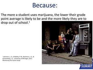 37
The more a student uses marijuana, the lower their grade
point average is likely to be and the more likely they are to
drop out of school.1
1 Johnston, L. D., O'Malley, P. M., Bachman, J. G., &
Schulenberg, J. E.. University of Michigan, 2011.
Monitoring the Future Study
Because:
 