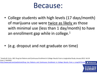 • College students with high levels (17 days/month)
of marijuana use were twice as likely as those
with minimal use (less than 1 day/month) to have
an enrollment gap while in college.1
• (e.g. dropout and not graduate on time)
1 Amelia M. Arria , MD. Drug Use Patterns and Continuous Enrollment in College: Results From a Longitudinal Study. January 2013. Vol 24
Issue 1. Available:
http://www.jsad.com/jsad/article/Drug_Use_Patterns_and_Continuous_Enrollment_in_College_Results_From_a_Long/4775.html
Because:
42
 
