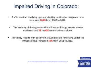 Impaired Driving in Colorado:
• Traffic fatalities involving operators testing positive for marijuana have
increased 100% from 2007 to 2012.
• The majority of driving-under-the-influence-of-drugs arrests involve
marijuana and 25 to 40% were marijuana alone.
• Toxicology reports with positive marijuana results for driving under the
influence have increased 16% from 2011 to 2013.
49
http://www.rmhidta.org/html/August%202014%20Legalization%20of%20MJ%20in%20Colorado%20the%20Impact.pdf
 
