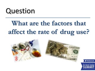 Question
What are the factors that
affect the rate of drug use?
 