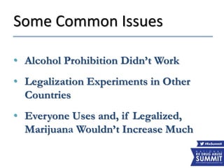 Some Common Issues
• Alcohol Prohibition Didn’t Work
• Legalization Experiments in Other
Countries
• Everyone Uses and, if Legalized,
Marijuana Wouldn’t Increase Much
 