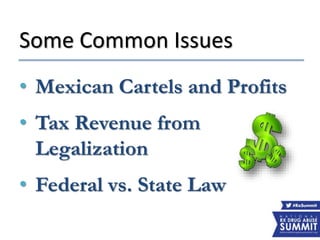 Some Common Issues
• Mexican Cartels and Profits
• Tax Revenue from
Legalization
• Federal vs. State Law
 