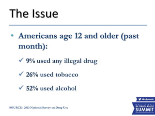 The Issue
SOURCE: 2013 National Survey on Drug Use
• Americans age 12 and older (past
month):
 9% used any illegal drug
 26% used tobacco
 52% used alcohol
 