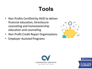 • Non Profits Certified by HUD to deliver
financial education, foreclosure
counseling and homeownership
education and counseling
• Non Profit Credit Repair Organizations
• Employer Assisted Programs
Tools
 