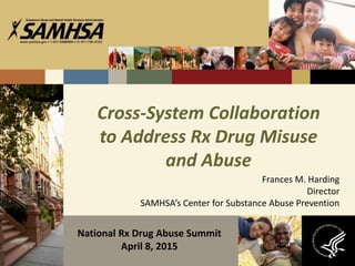 Cross-System Collaboration
to Address Rx Drug Misuse
and Abuse
Frances M. Harding
Director
SAMHSA’s Center for Substance Abuse Prevention
National Rx Drug Abuse Summit
April 8, 2015
 