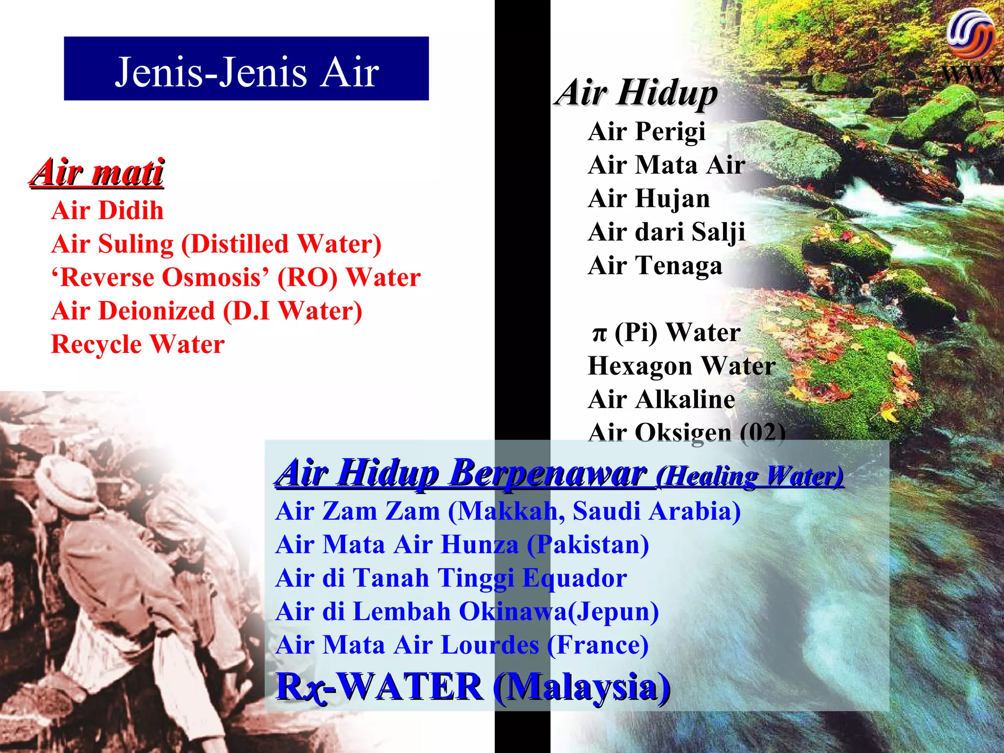 Air mati Air Didih Air Suling (Distilled Water) ‘ Reverse Osmosis’ (RO) Water Air Deionized (D.I Water) Recycle Water  Air Hidup Air Perigi Air Mata Air Air Hujan Air dari Salji Air Tenaga  π  (Pi) Water Hexagon Water Air Alkaline Air Oksigen (02) Air Hidup Berpenawar  (Healing Water) Air Zam Zam (Makkah, Saudi Arabia) Air Mata Air Hunza (Pakistan) Air di Tanah Tinggi Equador Air di Lembah Okinawa(Jepun) Air Mata Air Lourdes (France) R x -WATER (Malaysia) Jenis-Jenis Air 