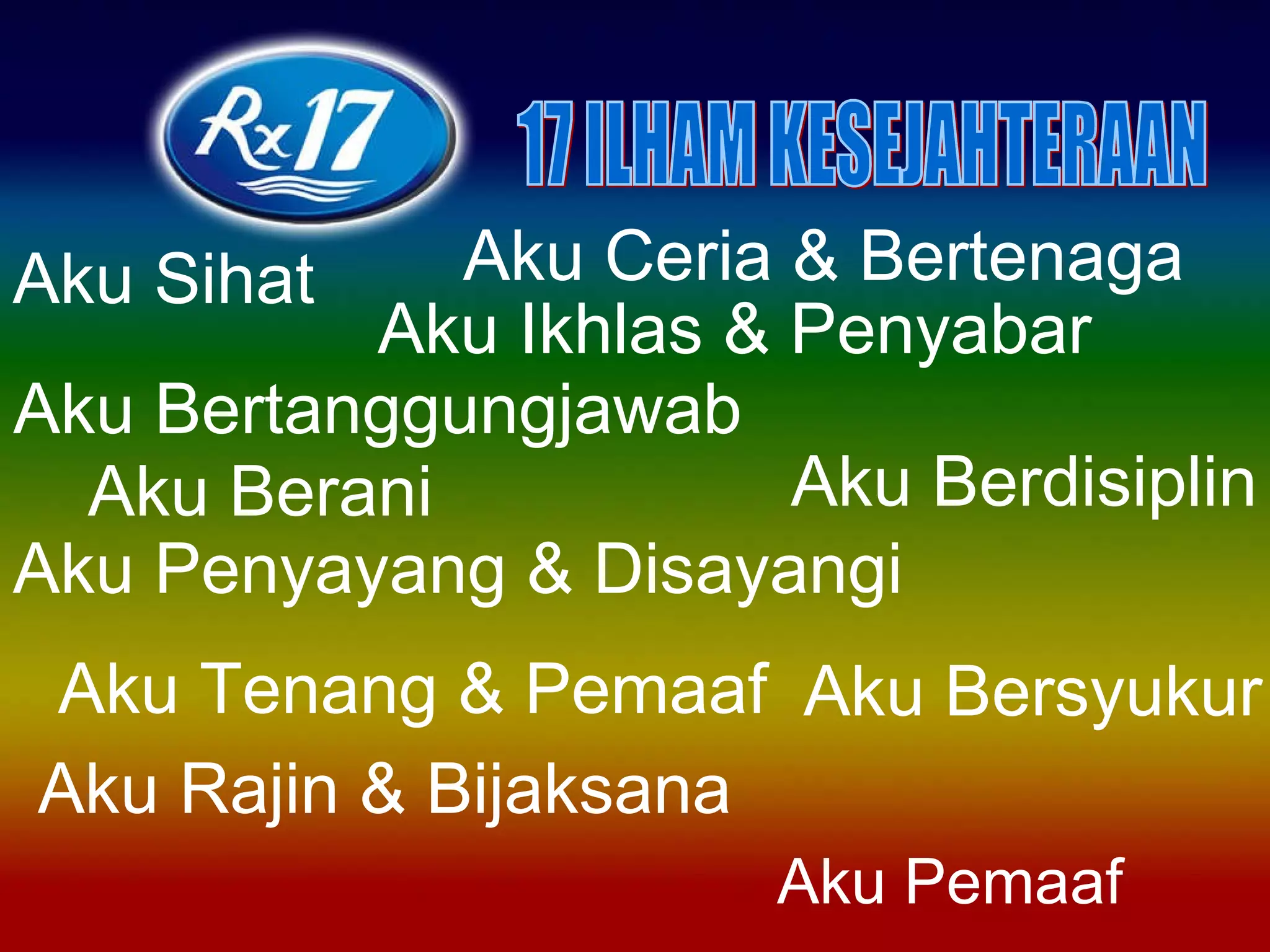 Aku Sihat Aku Ikhlas & Penyabar Aku Berani Aku Bersyukur Aku Bertanggungjawab Aku Pemaaf Aku Berdisiplin Aku Tenang & Pemaaf Aku Rajin & Bijaksana Aku Ceria & Bertenaga Aku Penyayang & Disayangi 17 ILHAM KESEJAHTERAAN 