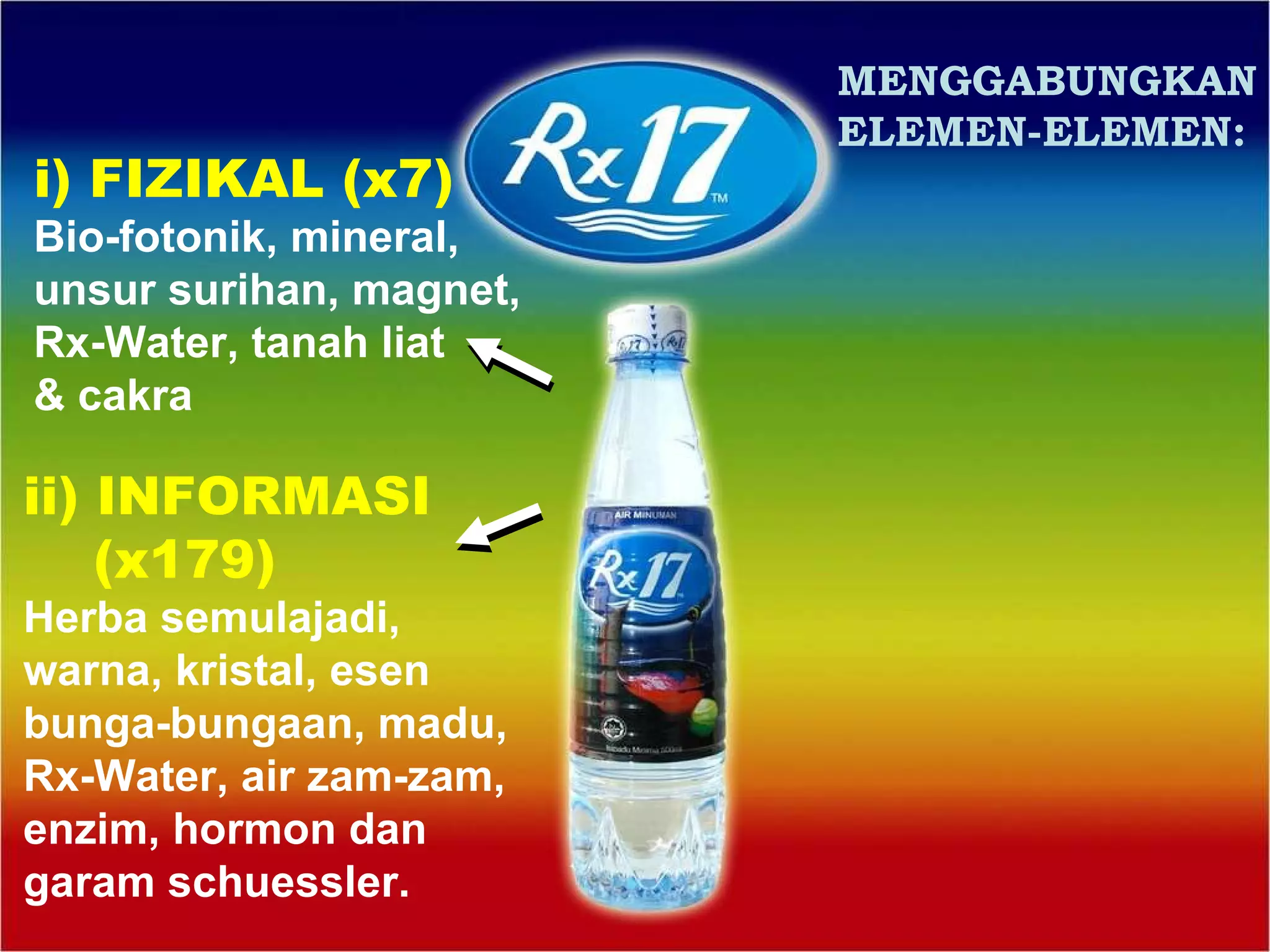 i) FIZIKAL (x7) Bio-fotonik, mineral, unsur surihan, magnet, Rx-Water, tanah liat & cakra ii) INFORMASI  (x179) Herba semulajadi, warna, kristal, esen bunga-bungaan, madu, Rx-Water, air zam-zam, enzim, hormon dan garam schuessler. MENGGABUNGKAN ELEMEN-ELEMEN: 