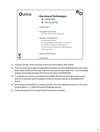 1) First we provide a brief overview of the two technologies: DDS and Rx
2) Then we show the strong correspondence between the distributed asynchronous data-
flow model of DDS and the local asynchronous processing model of Rx. The remarkable
overlap and synergy between them forms the basis of Rx4DDS.NET
3) To evaluate our solution we implemented DEBS 2013 grand challenge queries using
both the imperative style of programming and reactive style by using Rx4DDS.NET
library.
4) We present the benefits our reactive solution over the imperative solution to the case-
study problem, i.e., DEBS 2013 grand challenge queries.
5) Finally we present some experimental results and conclude.
7
 