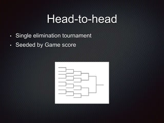 Head-to-head 
• Single elimination tournament 
• Seeded by Game score 
 