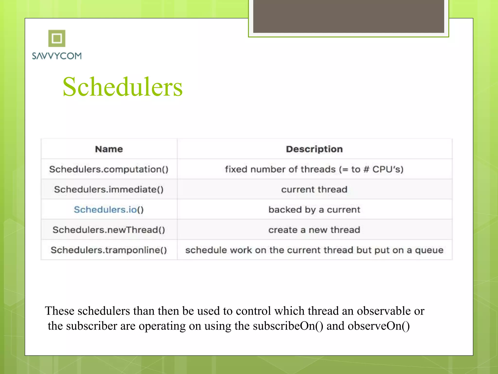Schedulers
These schedulers than then be used to control which thread an observable or
the subscriber are operating on using the subscribeOn() and observeOn()
 