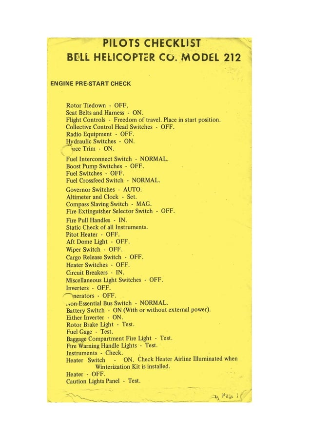 Bell 429 Checklist Form.pdf PILOTS CHECKLIST Bell Helicopters : Model 212 | PDF | Air Travel ...