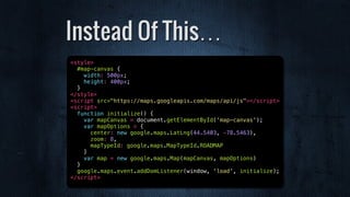Instead Of This…
<style>
#map-canvas {
width: 500px;
height: 400px;
}
</style>
<script src="https://maps.googleapis.com/maps/api/js"></script>
<script>
function initialize() {
var mapCanvas = document.getElementById('map-canvas');
var mapOptions = {
center: new google.maps.LatLng(44.5403, -78.5463),
zoom: 8,
mapTypeId: google.maps.MapTypeId.ROADMAP
}
var map = new google.maps.Map(mapCanvas, mapOptions)
}
google.maps.event.addDomListener(window, 'load', initialize);
</script>
 