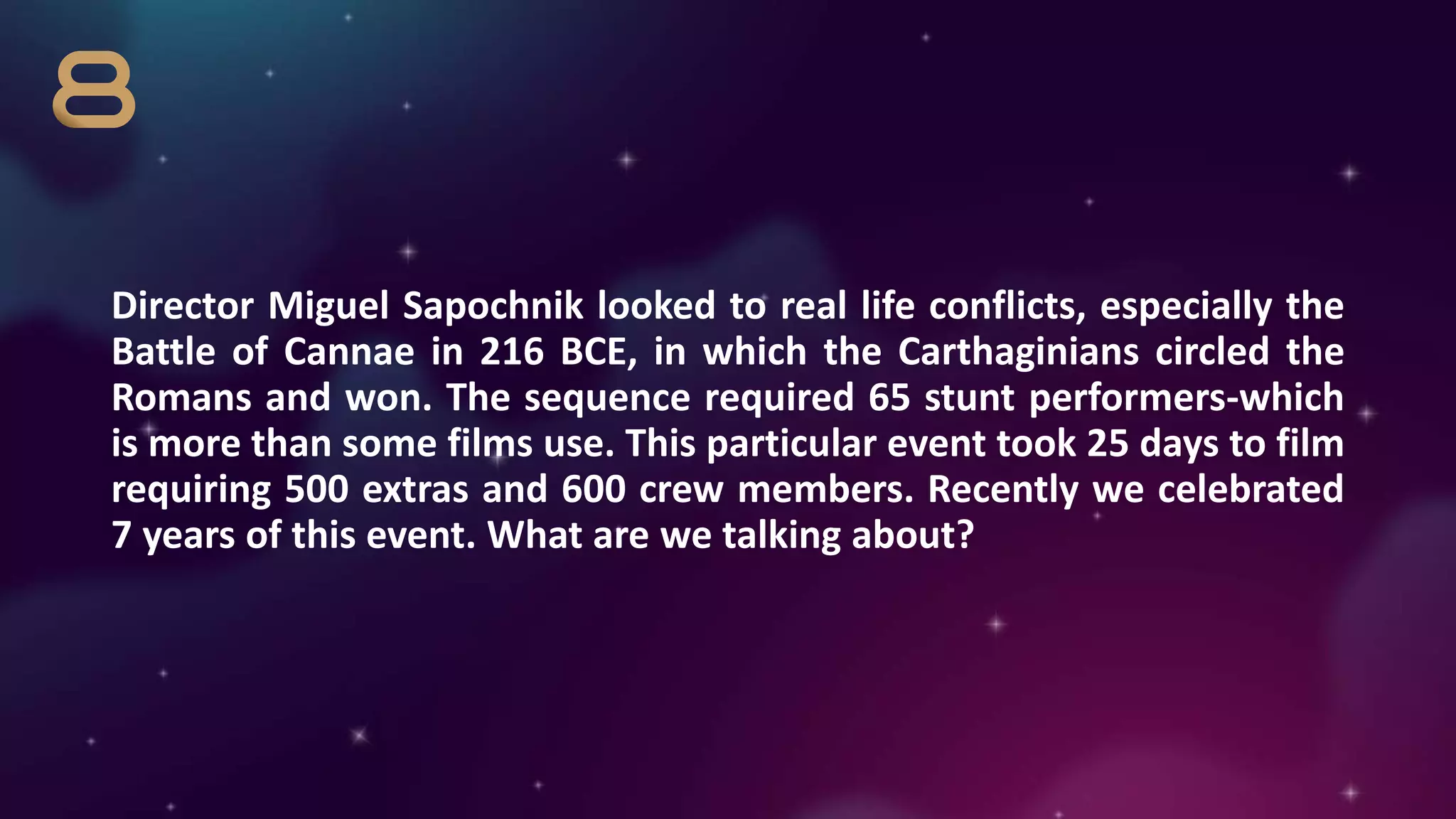 Director Miguel Sapochnik looked to real life conflicts, especially the
Battle of Cannae in 216 BCE, in which the Carthaginians circled the
Romans and won. The sequence required 65 stunt performers-which
is more than some films use. This particular event took 25 days to film
requiring 500 extras and 600 crew members. Recently we celebrated
7 years of this event. What are we talking about?
 