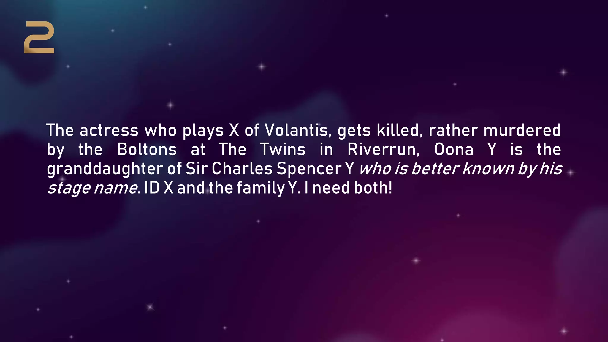 The actress who plays X of Volantis, gets killed, rather murdered
by the Boltons at The Twins in Riverrun, Oona Y is the
granddaughter of Sir Charles Spencer Y who is better known by his
stage name. ID X and the family Y. I need both!
 
