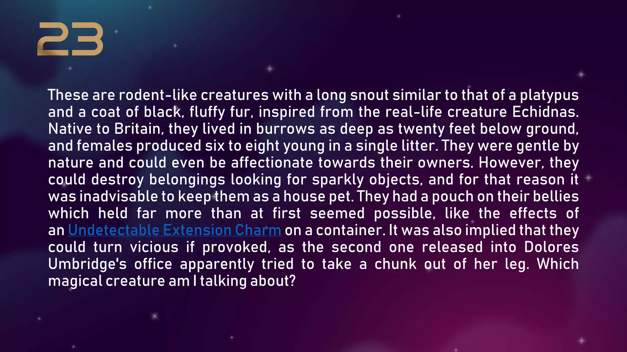 These are rodent-like creatures with a long snout similar to that of a platypus
and a coat of black, fluffy fur, inspired from the real-life creature Echidnas.
Native to Britain, they lived in burrows as deep as twenty feet below ground,
and females produced six to eight young in a single litter. They were gentle by
nature and could even be affectionate towards their owners. However, they
could destroy belongings looking for sparkly objects, and for that reason it
was inadvisable to keep them as a house pet. They had a pouch on their bellies
which held far more than at first seemed possible, like the effects of
an Undetectable Extension Charm on a container. It was also implied that they
could turn vicious if provoked, as the second one released into Dolores
Umbridge's office apparently tried to take a chunk out of her leg. Which
magical creature am I talking about?
 