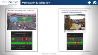 Verification & Validation
Slow traffic approaching Eastlink - Outbound Emergency incident (behind VMS) Warrigal
Rd inbound resulting in congestion
©OptaSense Ltd 2015
 