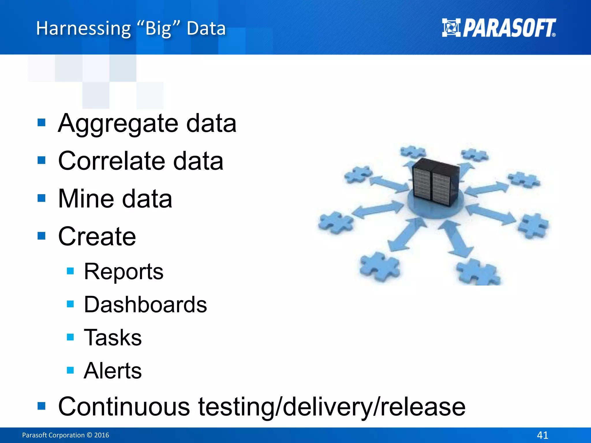 Parasoft Corporation © 2016 4141
Harnessing “Big” Data
 Aggregate data
 Correlate data
 Mine data
 Create
 Reports
 Dashboards
 Tasks
 Alerts
 Continuous testing/delivery/release
 