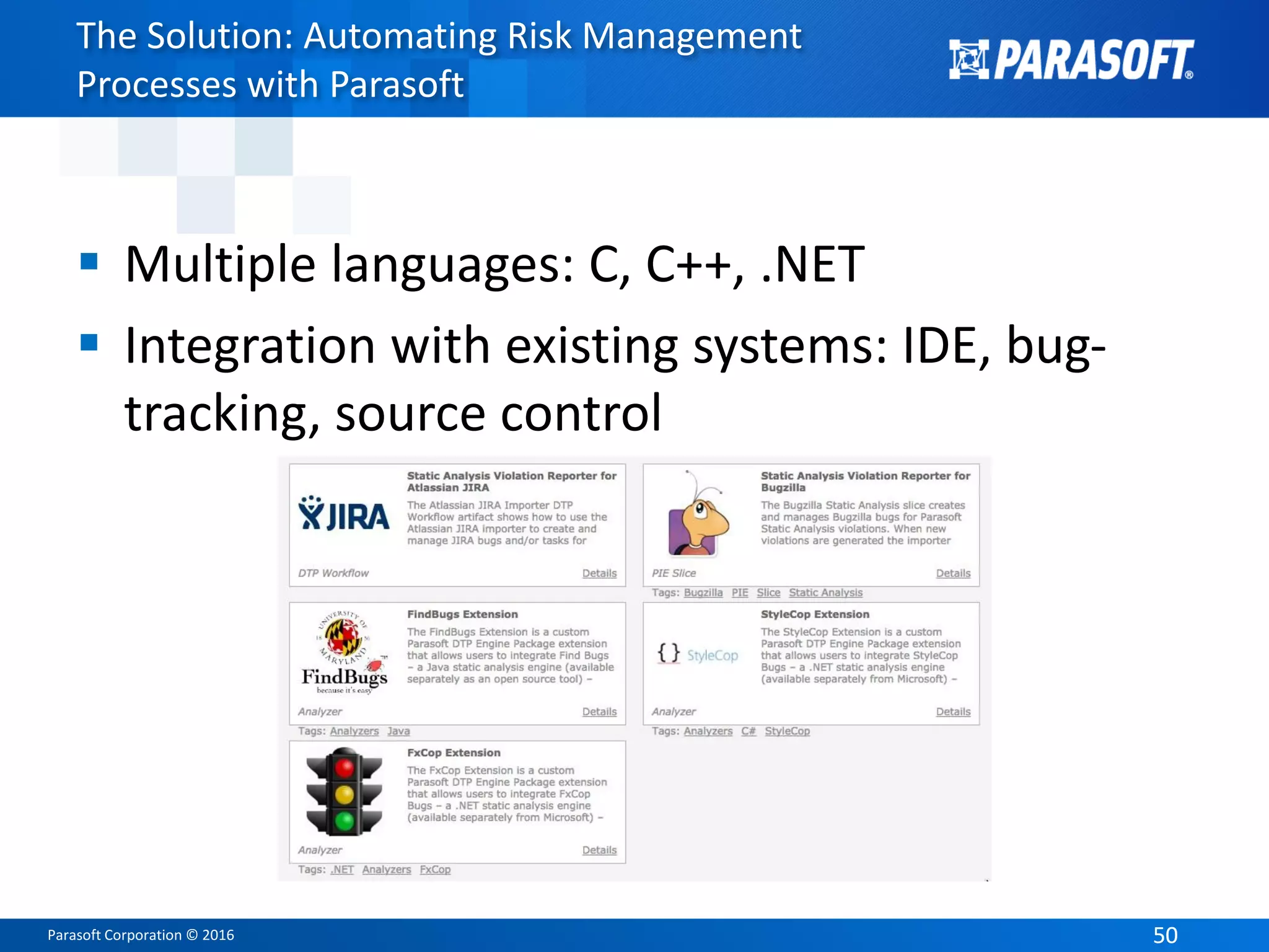Parasoft Corporation © 2016 5050
The Solution: Automating Risk Management
Processes with Parasoft
 Multiple languages: C, C++, .NET
 Integration with existing systems: IDE, bug-
tracking, source control
 