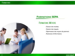 FORMATIONS SEPA
13
FORMATIONS MÉTIERS
-Gestion des mandats
-Gestion des impayés
-Optimisation des moyens de paiement
-Restitution d’informations
www.rxpay.fr13
F O RM ATI O NS
 