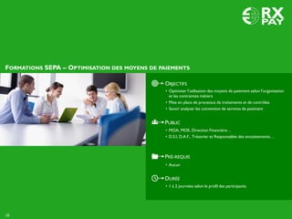 FORMATIONS SEPA – OPTIMISATION DES MOYENS DE PAIEMENTS
18
DURÉE
• 1 à 2 journées selon le profil des participants.
OBJECTIFS
• Optimiser l’utilisation des moyens de paiement selon l’organisation
et les contraintes métiers
• Mise en place de processus de traitements et de contrôles
• Savoir analyser les convention de services de paiement
PUBLIC
• MOA, MOE, Direction Financière…
• D.S.I, D.A.F., Trésorier et Responsables des encaissements…
PRÉ-REQUIS
• Aucun
 