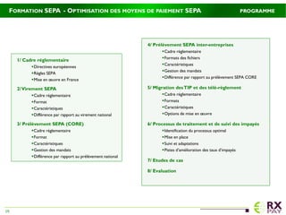 FORMATION SEPA - OPTIMISATION DES MOYENS DE PAIEMENT SEPA PROGRAMME
4/ Prélèvement SEPA inter-entreprises
Cadre réglementaire
Formats des fichiers
Caractéristiques
Gestion des mandats
Différence par rapport au prélèvement SEPA CORE
5/ Migration desTIP et des télé-règlement
Cadre réglementaire
Formats
Caractéristiques
Options de mise en œuvre
6/ Processus de traitement et de suivi des impayés
Identification du processus optimal
Mise en place
Suivi et adaptations
Pistes d’amélioration des taux d’impayés
7/ Etudes de cas
8/ Evaluation
1/ Cadre réglementaire
Directives européennes
Règles SEPA
Mise en œuvre en France
2/Virement SEPA
Cadre réglementaire
Format
Caractéristiques
Différence par rapport au virement national
3/ Prélèvement SEPA (CORE)
Cadre réglementaire
Format
Caractéristiques
Gestion des mandats
Différence par rapport au prélèvement national
19
 