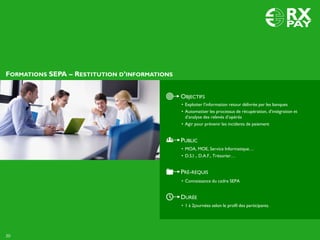 FORMATIONS SEPA – RESTITUTION D’INFORMATIONS
20
DURÉE
• 1 à 2journées selon le profil des participants.
OBJECTIFS
• Exploiter l’information retour délivrée par les banques
• Automatiser les processus de récupération, d’intégration et
d’analyse des relevés d’opérés
• Agir pour prévenir les incidents de paiement
PUBLIC
• MOA, MOE, Service Informatique…
• D.S.I ., D.A.F., Trésorier…
PRÉ-REQUIS
• Connaissance du cadre SEPA
 