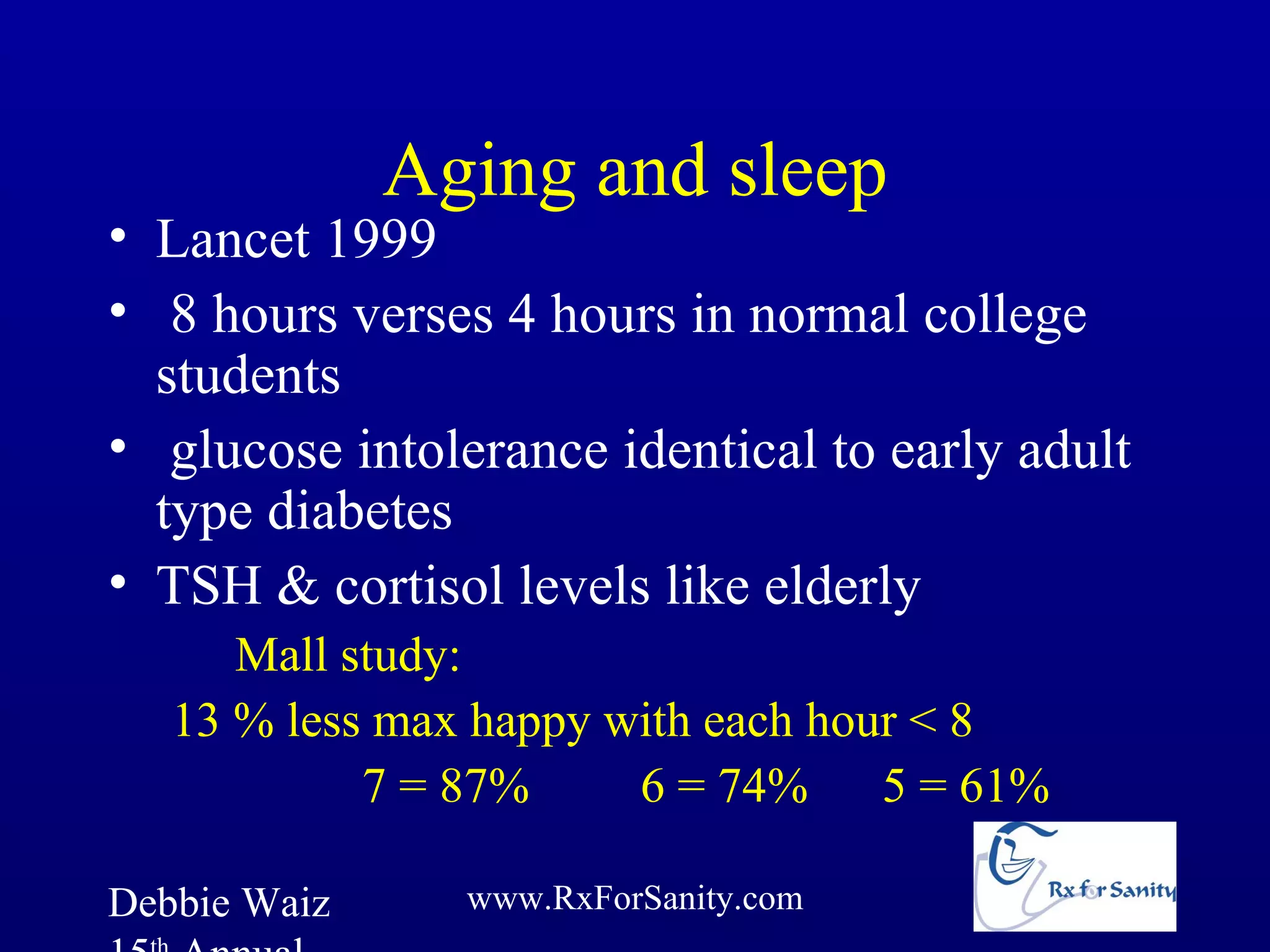 Aging and sleep
• Lancet 1999
• 8 hours verses 4 hours in normal college
  students
• glucose intolerance identical to early adult
  type diabetes
• TSH & cortisol levels like elderly
      Mall study:
   13 % less max happy with each hour < 8
            7 = 87%     6 = 74% 5 = 61%

Debbie Waiz     www.RxForSanity.com
 