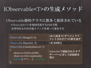 IObservable<T>の生成メソッド
• Observable静的クラスに数多く提供されている
• IObservable<T>を毎回実装するのは手間
• 定型句なものは生成メソッドを使って楽をする
Observable.Range(3, 5);

3から始まり1ずつインクリ
メントされた5つの値を返す

Observable.Repeat(1, 3);

1を3回発行

Observable.Create(observer =>
{
observer.OnNext(100);
observer.OnCompleted();
return () => { … }; // Disposer
};

Subscribeで接続されたオブ
ザーバーに対して直接値を
発行

 