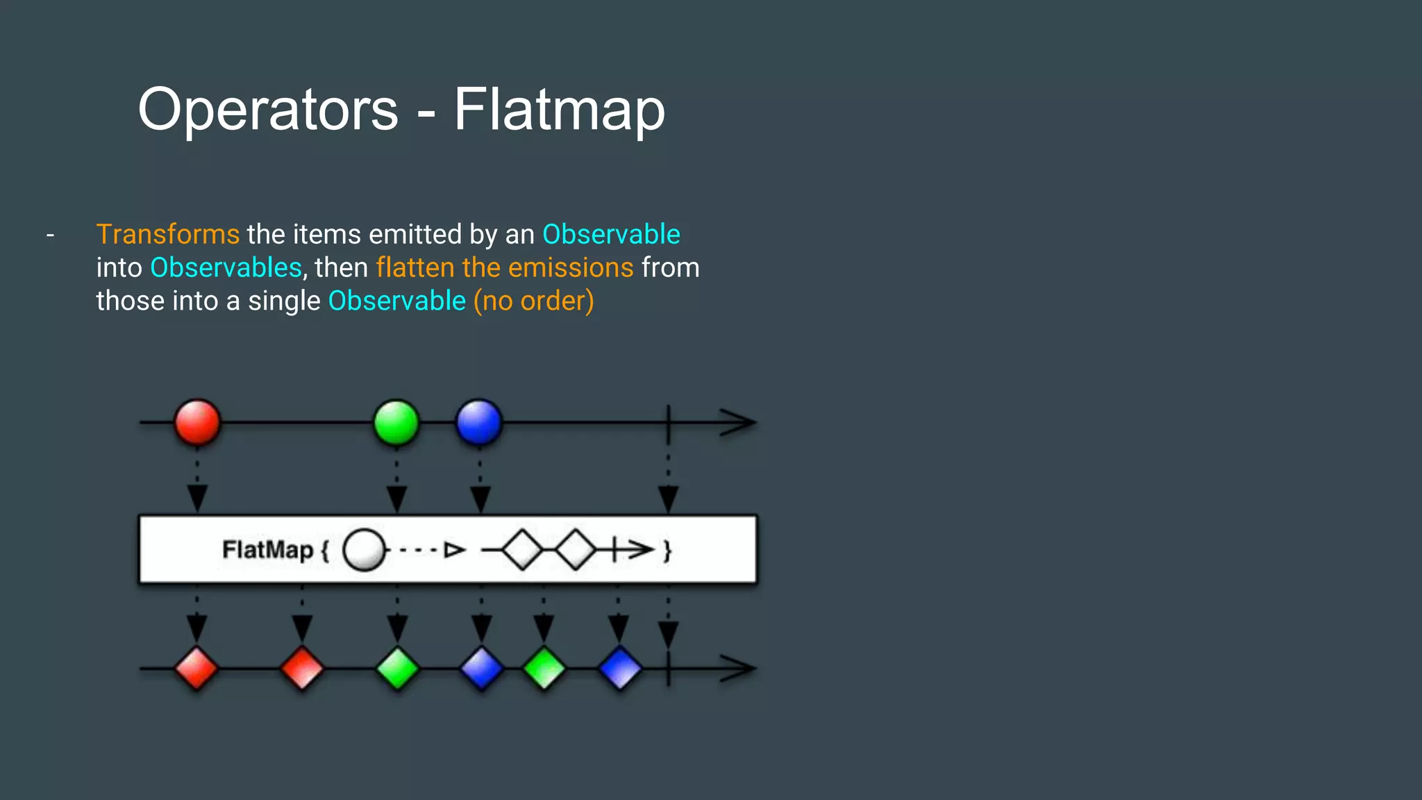 Operators - Flatmap
- Transforms the items emitted by an Observable
into Observables, then flatten the emissions from
those into a single Observable (no order)
 