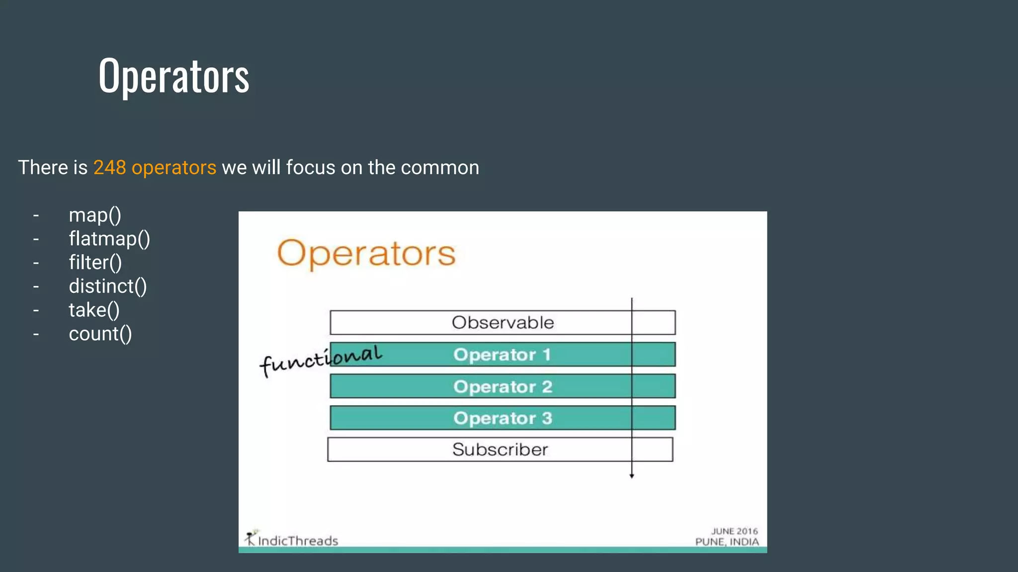 Operators
There is 248 operators we will focus on the common
- map()
- flatmap()
- filter()
- distinct()
- take()
- count()
 