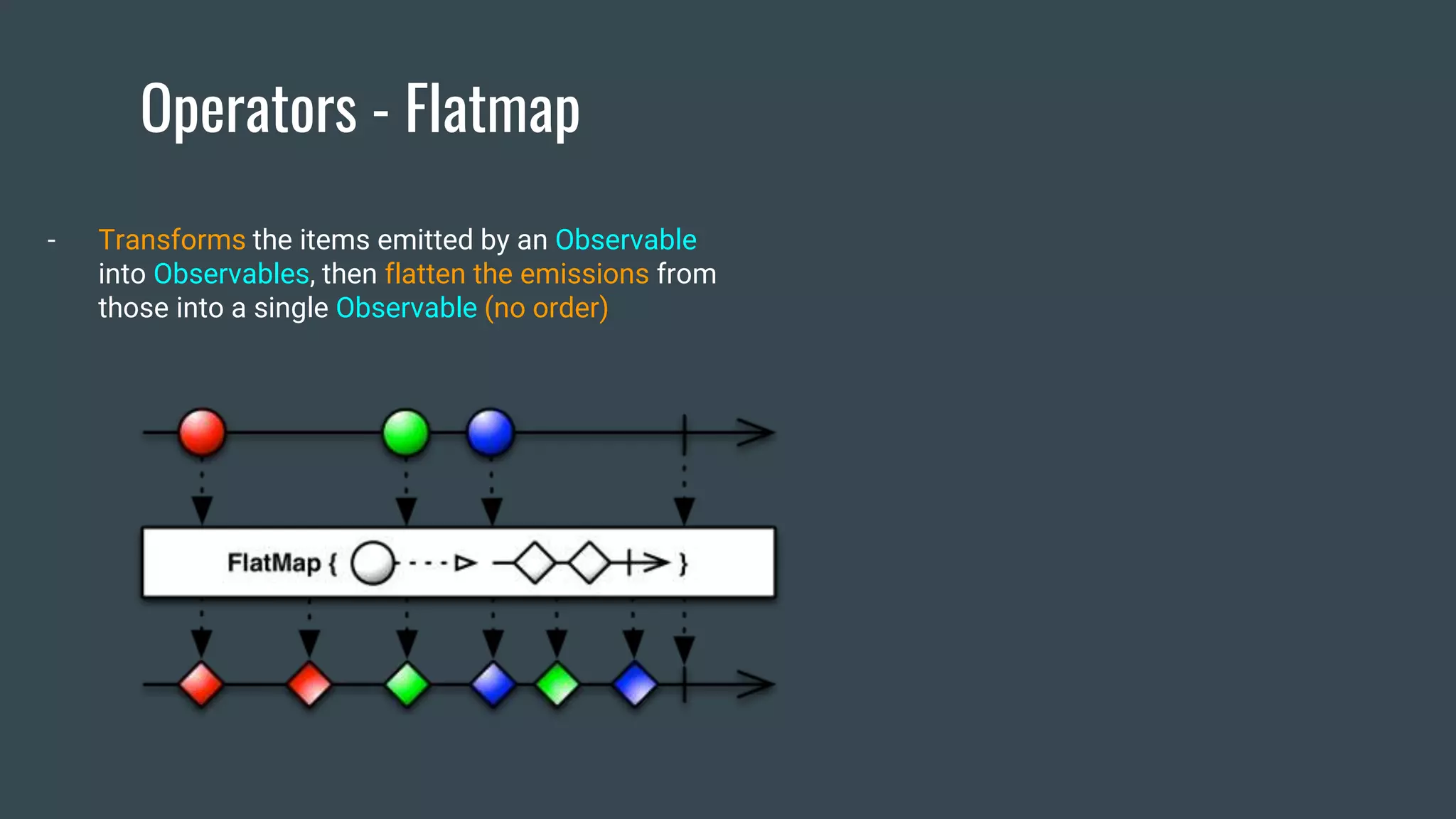 Operators - Flatmap
- Transforms the items emitted by an Observable
into Observables, then flatten the emissions from
those into a single Observable (no order)
 